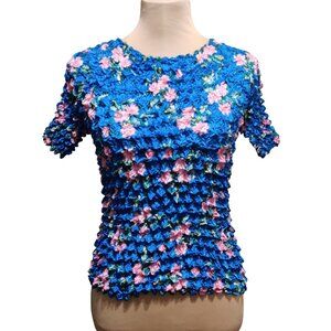 Womens One Size Blue Floral Blouse Vintage Popcorn Bubble Stretch Shirt Retro